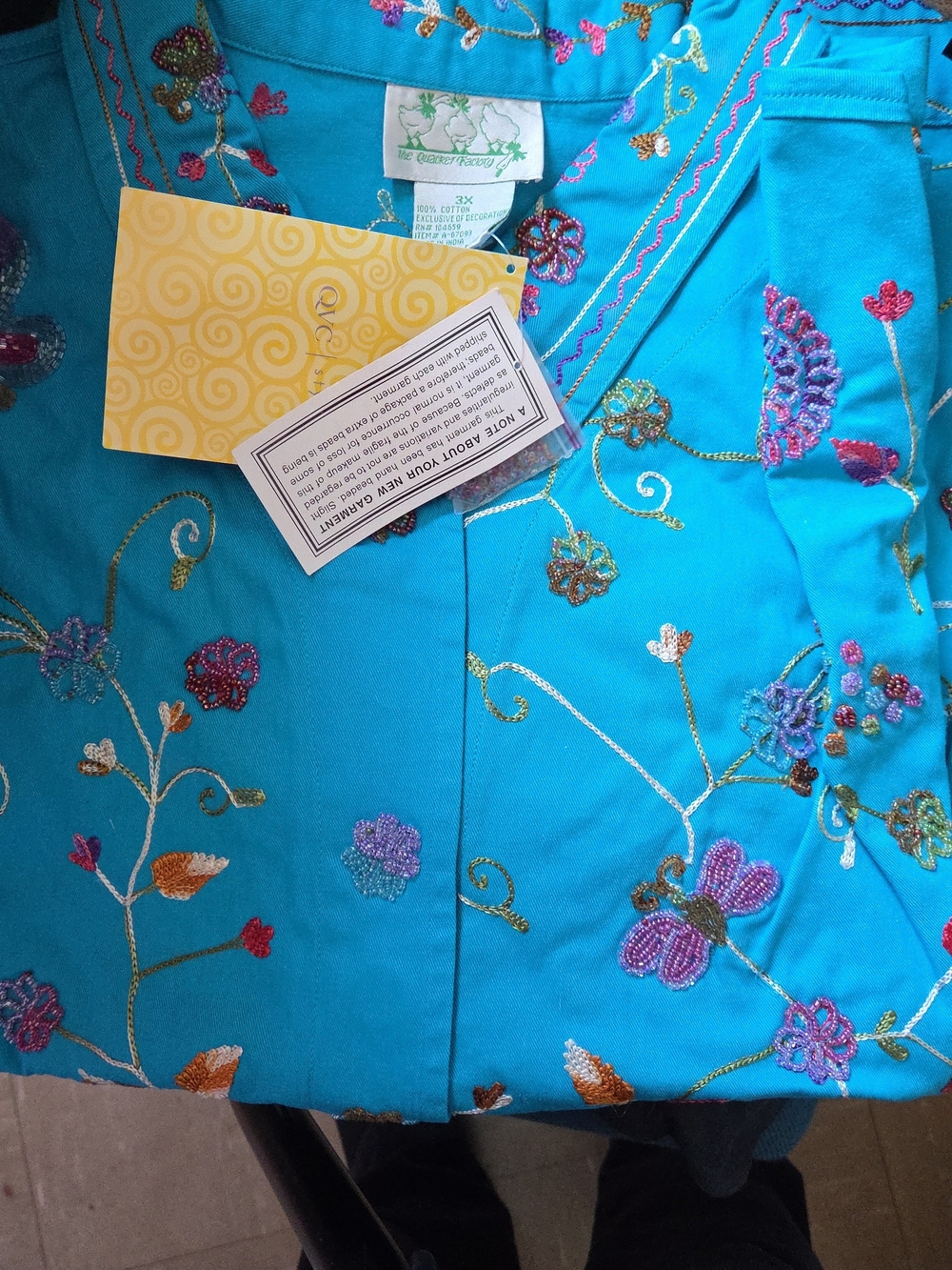 Teal Embroidered Cotton Jacket with Floral Hand Beaded Motif - Picture 2 of 4